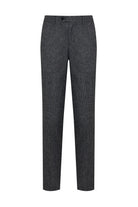 Dark gray wool blend trousers with a subtle herringbone weave pattern.
