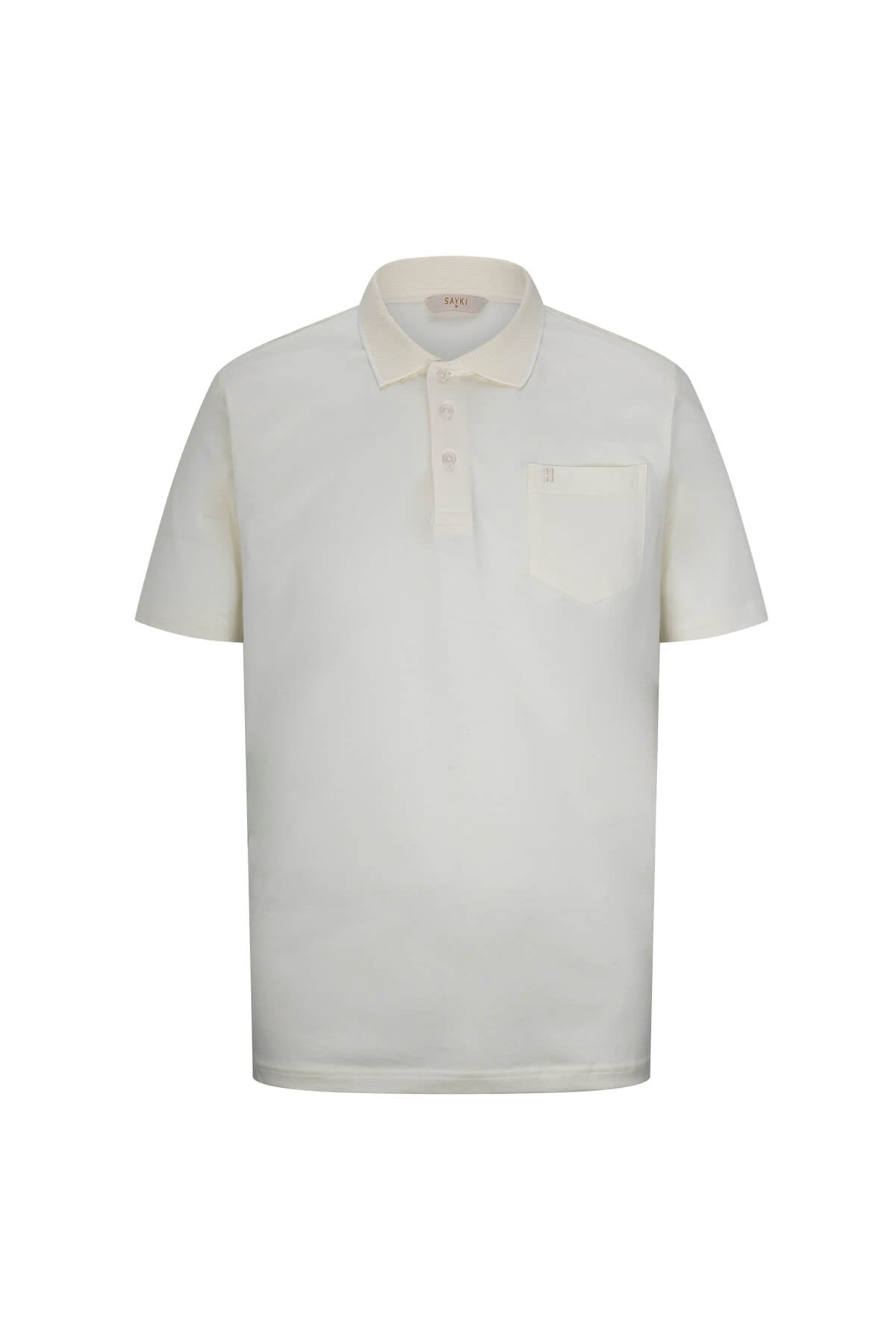 Cream-colored short-sleeved polo shirt with a classic collar and chest pocket.