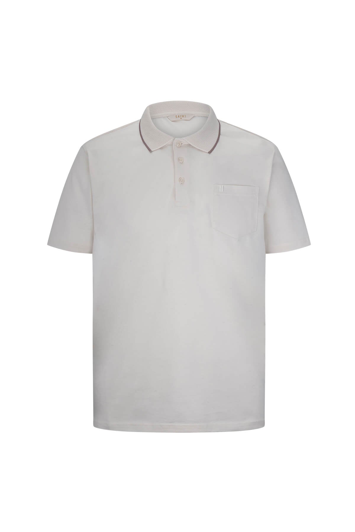 A crisp white short-sleeved polo shirt with a subtle contrast trim along the collar and placket.