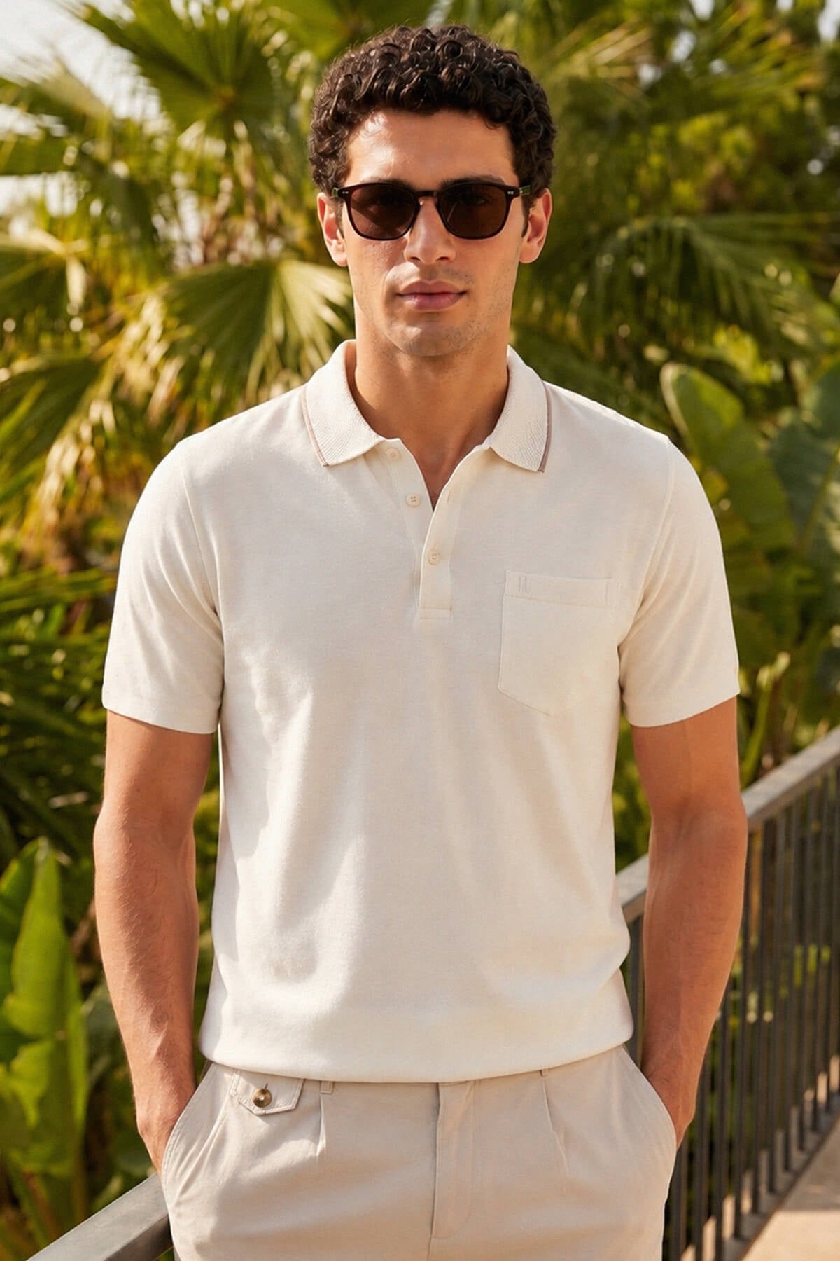 Regular fit mercezired cotton white polo shirt with classic collar and chest pocket for casual wear