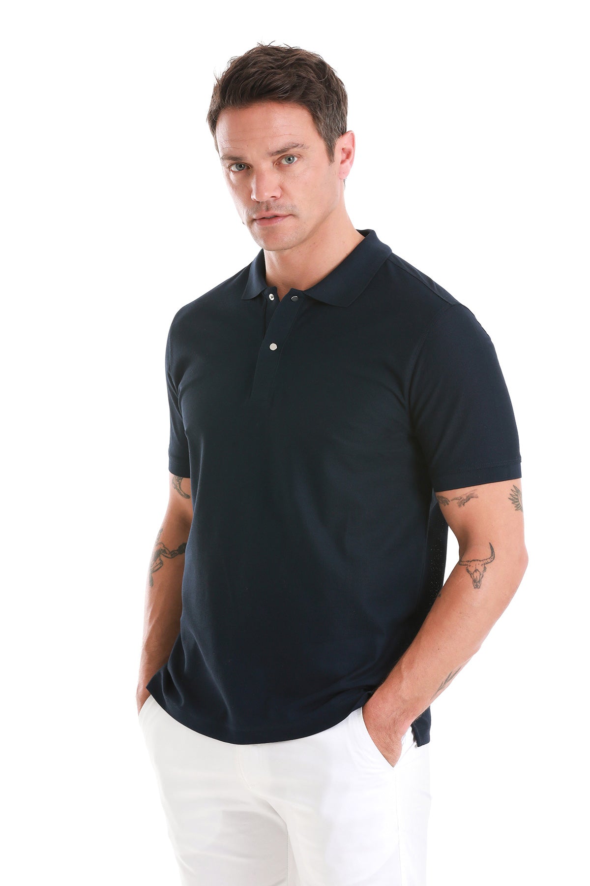 A dark navy blue short-sleeved polo shirt with a classic collar and white button placket.