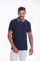 Navy blue polo shirt with gray collar and sleeve trim