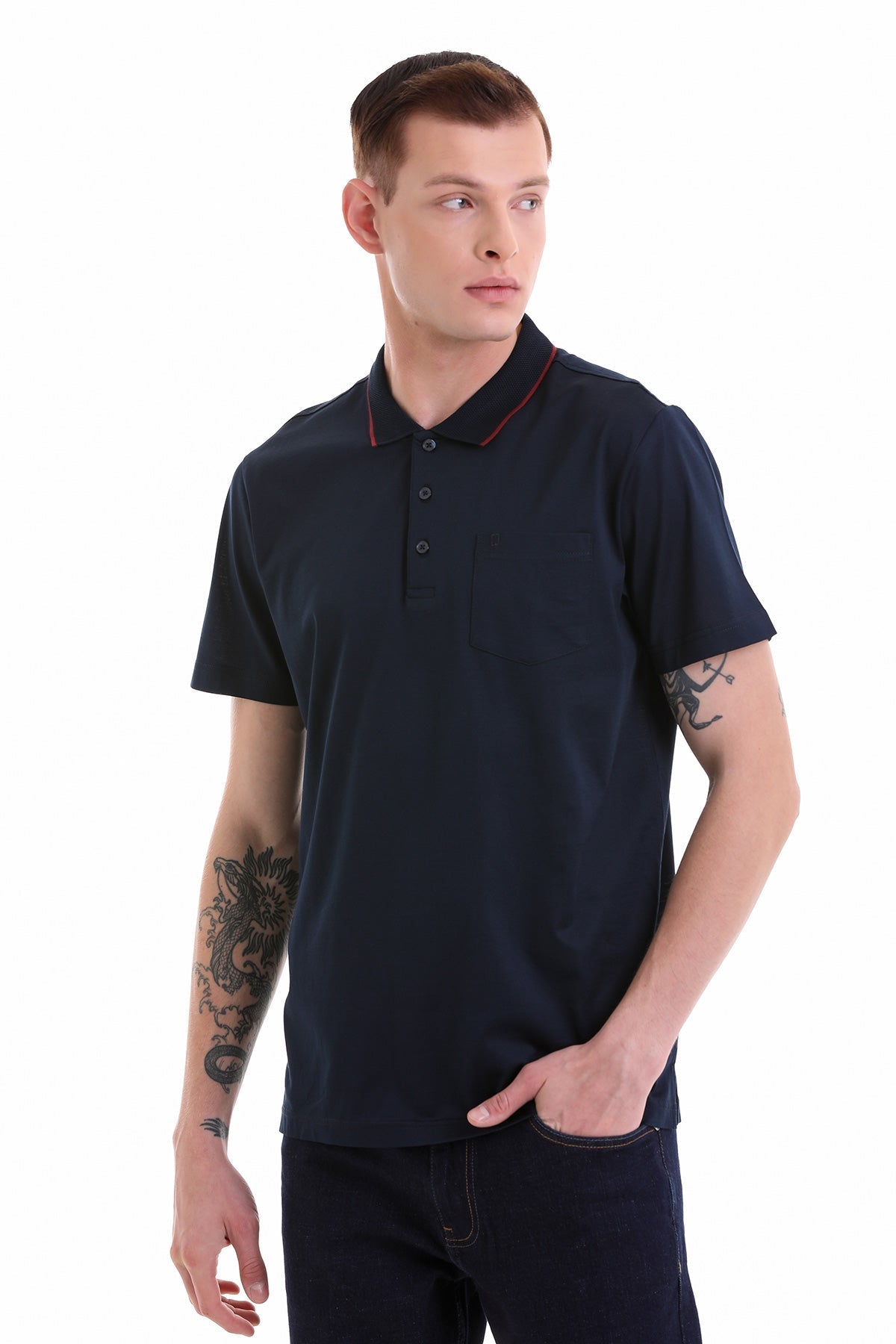 Navy blue short-sleeved polo shirt with red trim on the collar and placket
