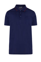 Navy blue short-sleeved polo shirt with red trim along the collar and placket.