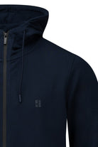 Regular fit navy cotton blend full-zip hoodie with dark navy blue hooded jacket and subtle chest logo with matching drawstrings