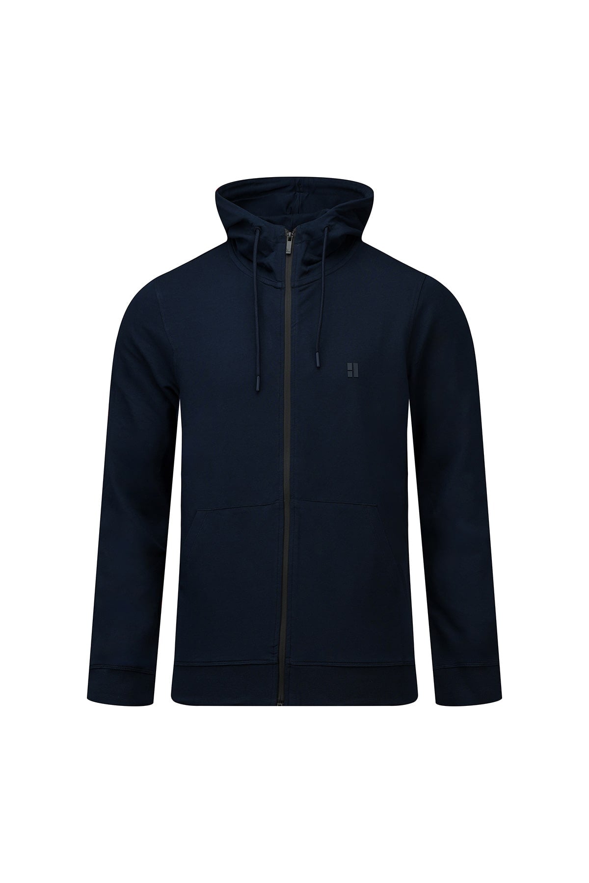 Regular fit navy cotton blend full-zip hoodie with a subtle logo on the left chest in dark navy blue