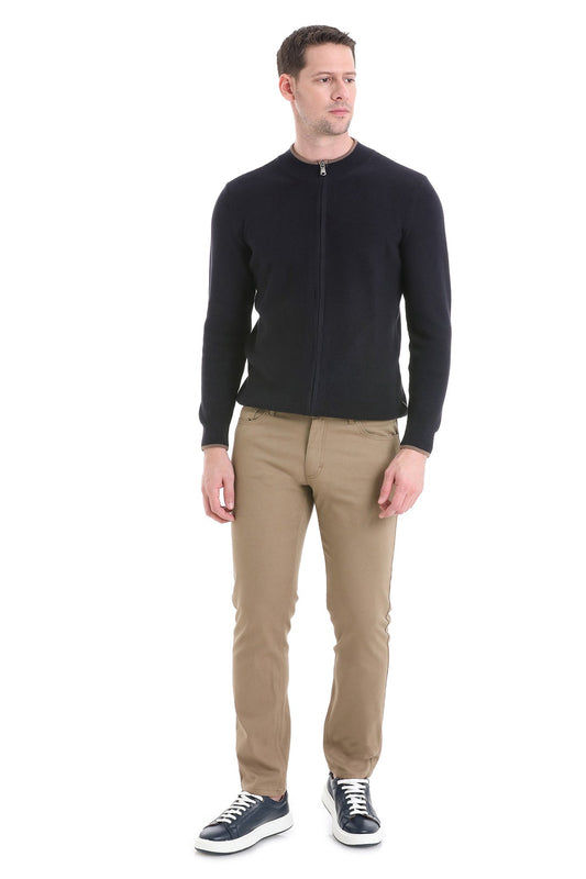 Black zip-up sweater with a subtle textured knit and ribbed cuffs.