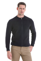 Regular Fit Navy Cotton Blend Mock Neck Cardigan - SAYKI