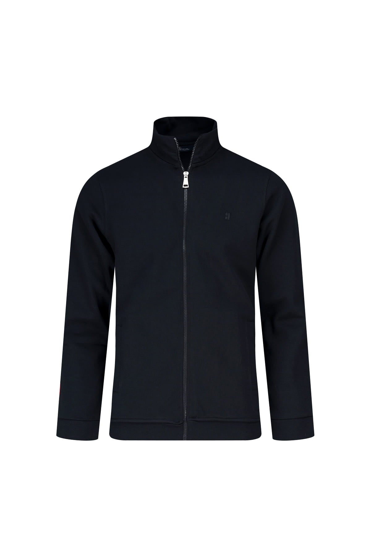 Black zip-up track jacket with subtle logo paired with regular fit navy cotton mock neck full-zip cardigan