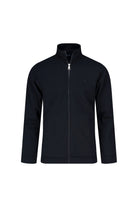 Black zip-up track jacket with subtle logo paired with regular fit navy cotton mock neck full-zip cardigan