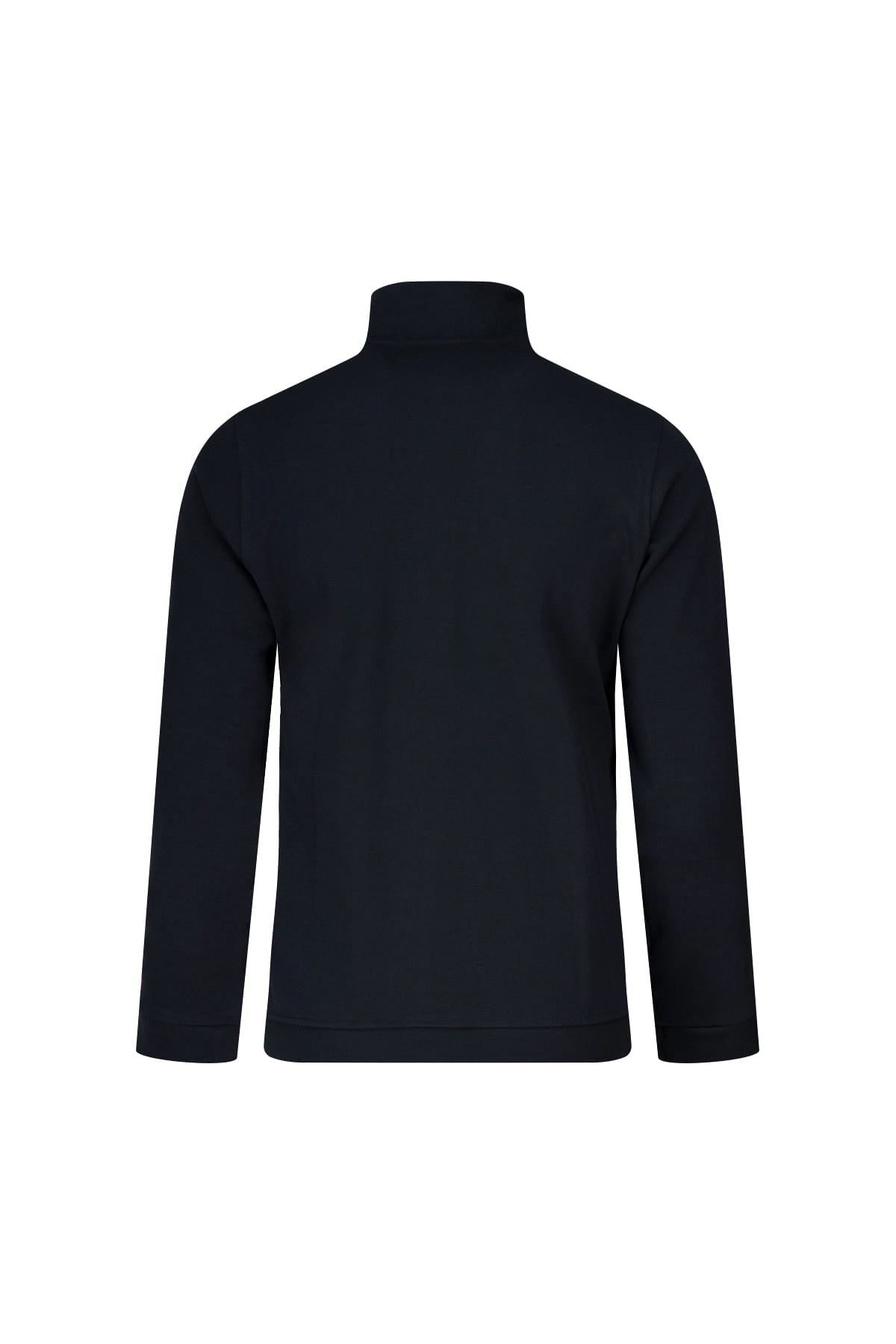 Regular fit navy cotton full-zip mock neck cardigan with long sleeves and smooth fitted silhouette
