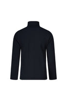 Regular fit navy cotton full-zip mock neck cardigan with long sleeves and smooth fitted silhouette