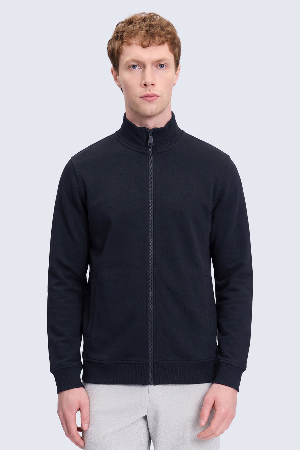 Regular fit navy cotton full-zip mock neck cardigan with ribbed cuffs and hem in navy blue