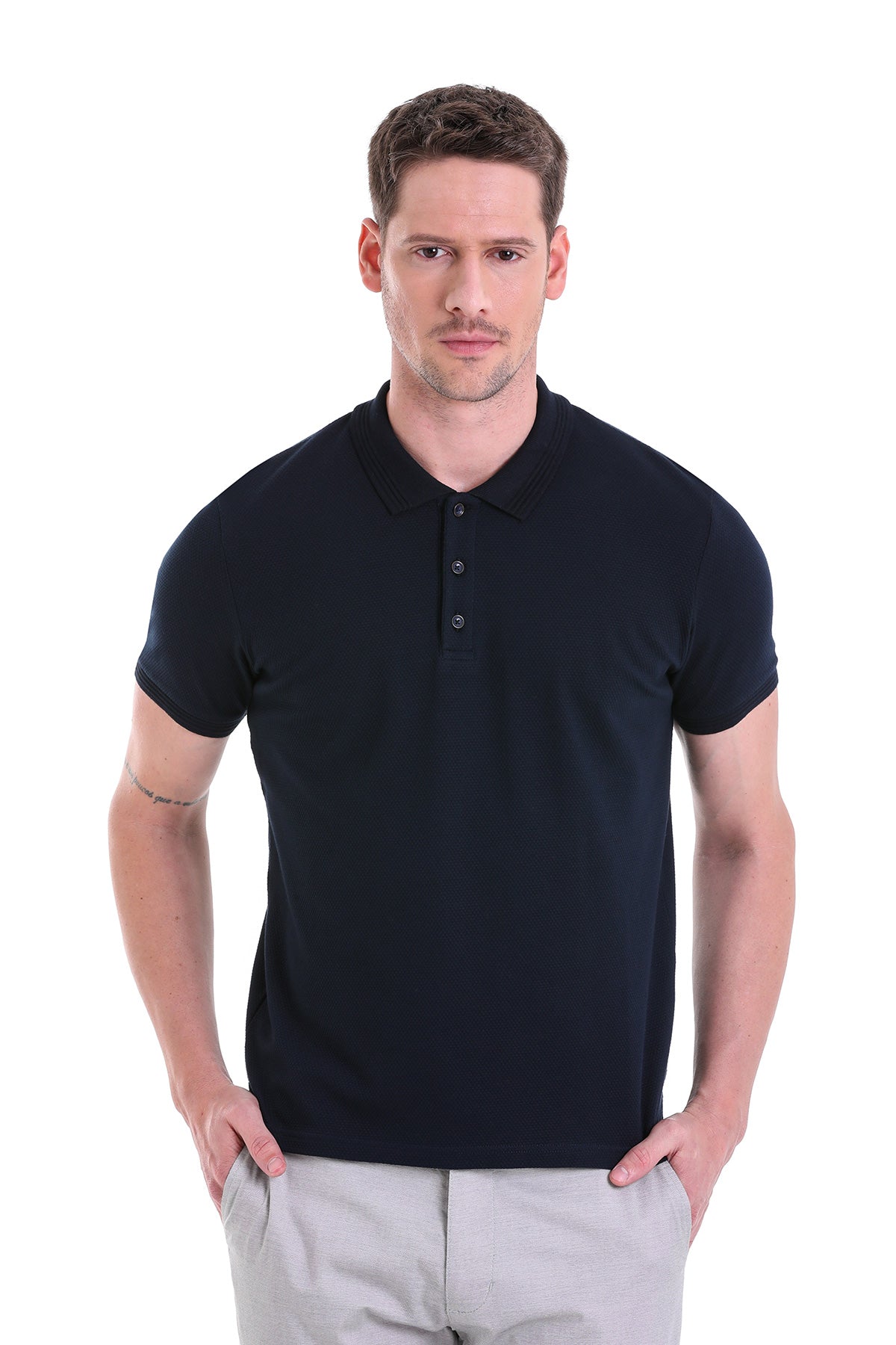 Black short-sleeved polo shirt with a classic collar and button placket.