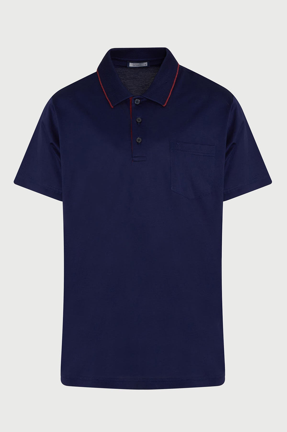 Navy blue short-sleeved polo shirt with red trim along the collar and placket.