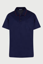 Navy blue short-sleeved polo shirt with red trim along the collar and placket.