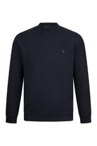 Black crewneck sweatshirt with a subtle embroidered logo on the left chest.