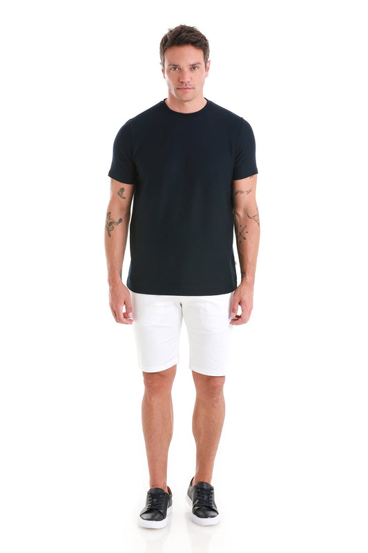 Black short-sleeved crew neck t-shirt.