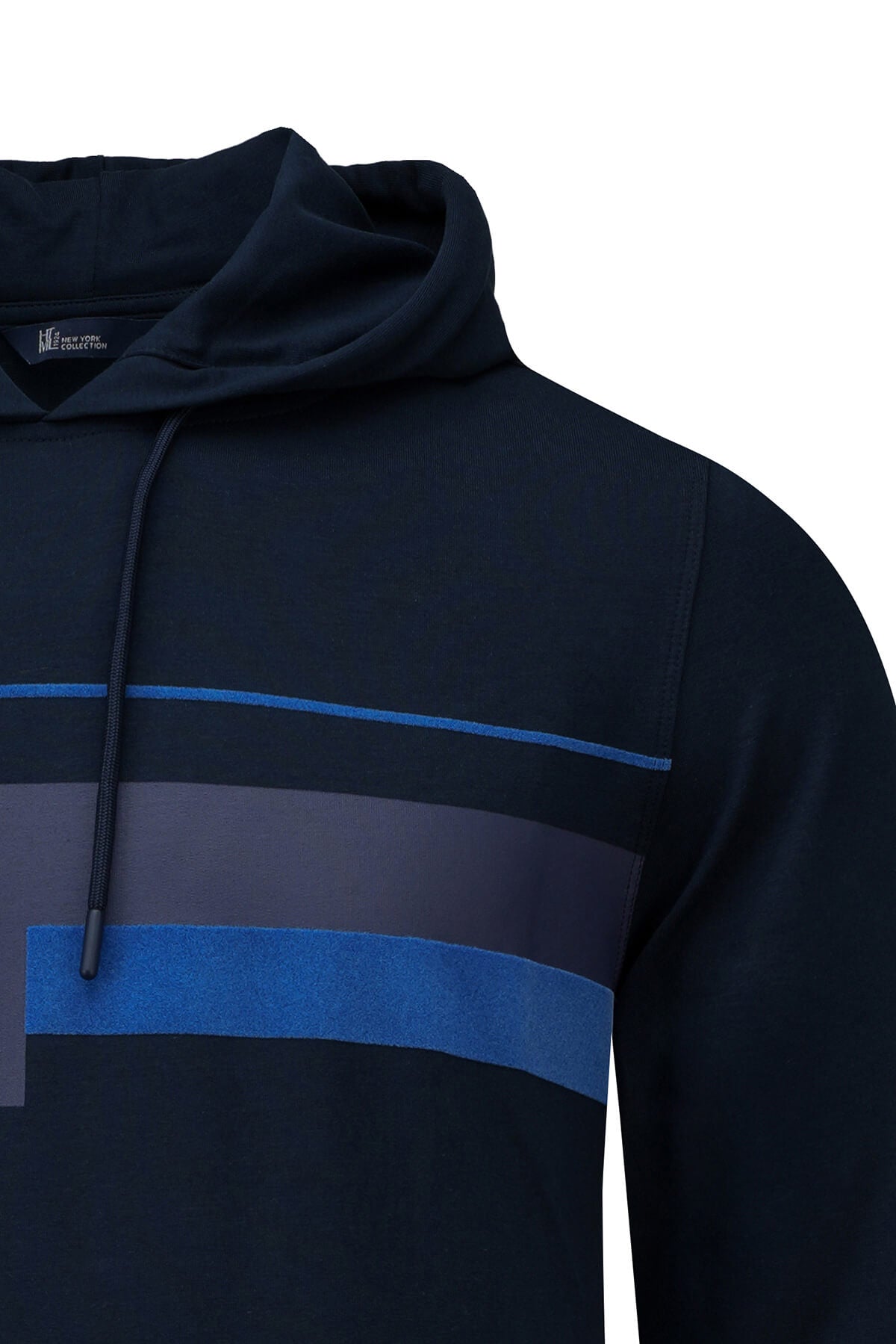 Regular fit navy pullover hoodie with horizontal blue stripes and matching drawstring hood in dark navy blue