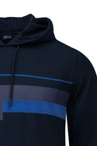 Regular fit navy pullover hoodie with horizontal blue stripes and matching drawstring hood in dark navy blue