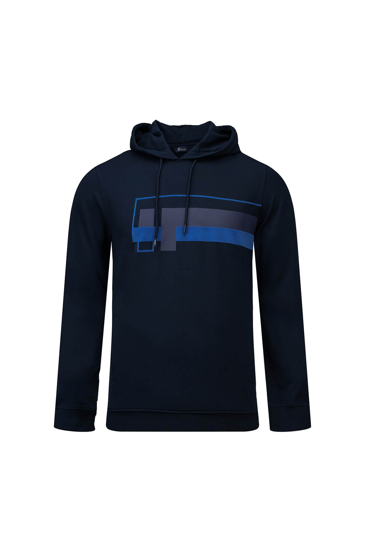 Regular fit navy graphic print pullover hoodie featuring a dark navy blue fabric with bold blue and gray geometric design