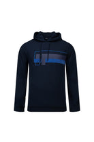 Regular fit navy graphic print pullover hoodie featuring a dark navy blue fabric with bold blue and gray geometric design