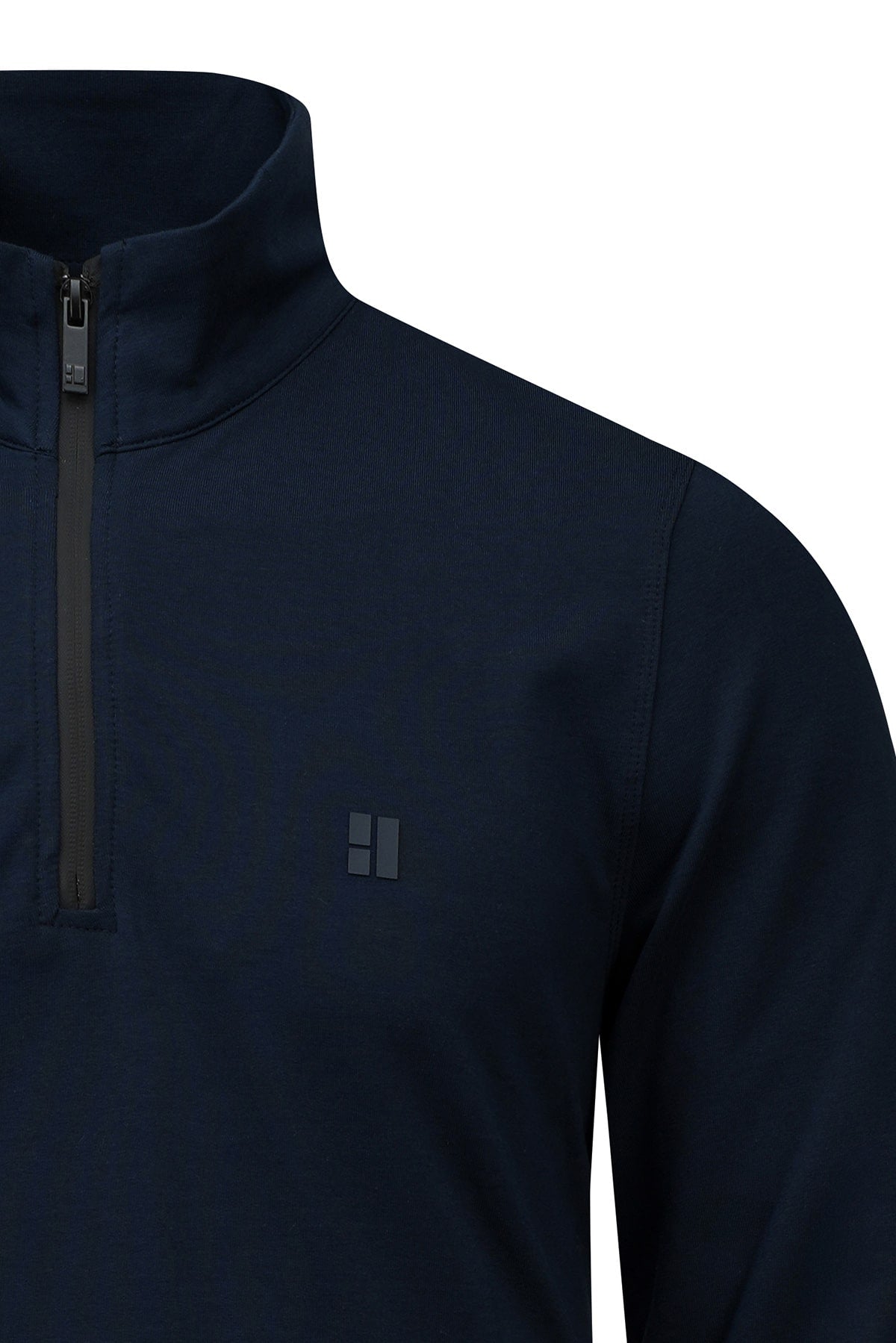 Regular fit navy quarter-zip mock neck fleece sweatshirt with subtle chest logo in dark navy blue color