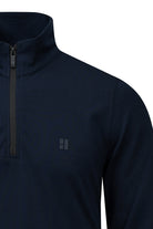 Regular fit navy quarter-zip mock neck fleece sweatshirt with subtle chest logo in dark navy blue color