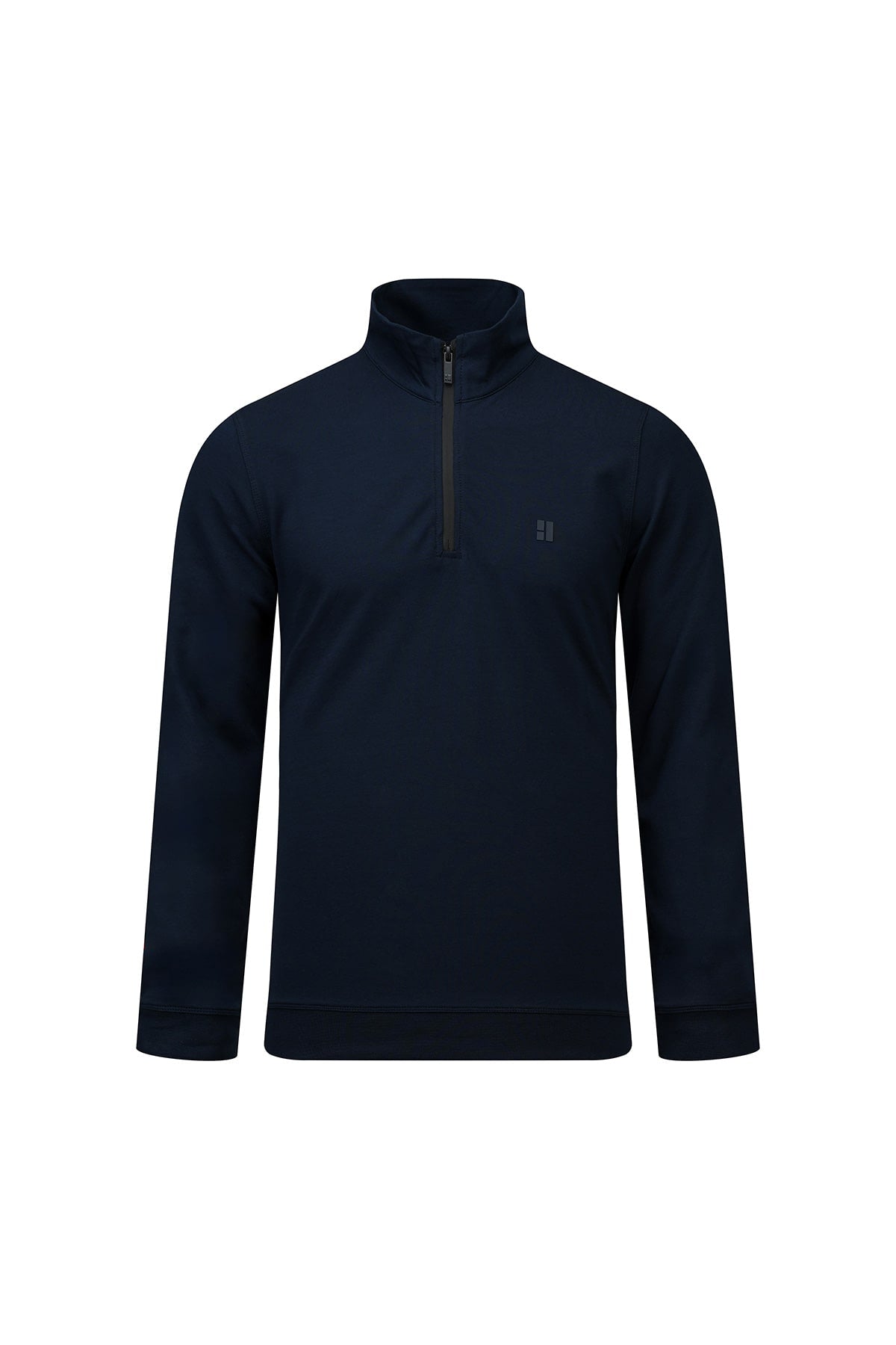 Regular fit navy quarter-zip mock neck sweatshirt in dark navy blue with a subtle logo on the left chest