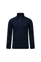 Regular fit navy quarter-zip mock neck sweatshirt in dark navy blue with a subtle logo on the left chest