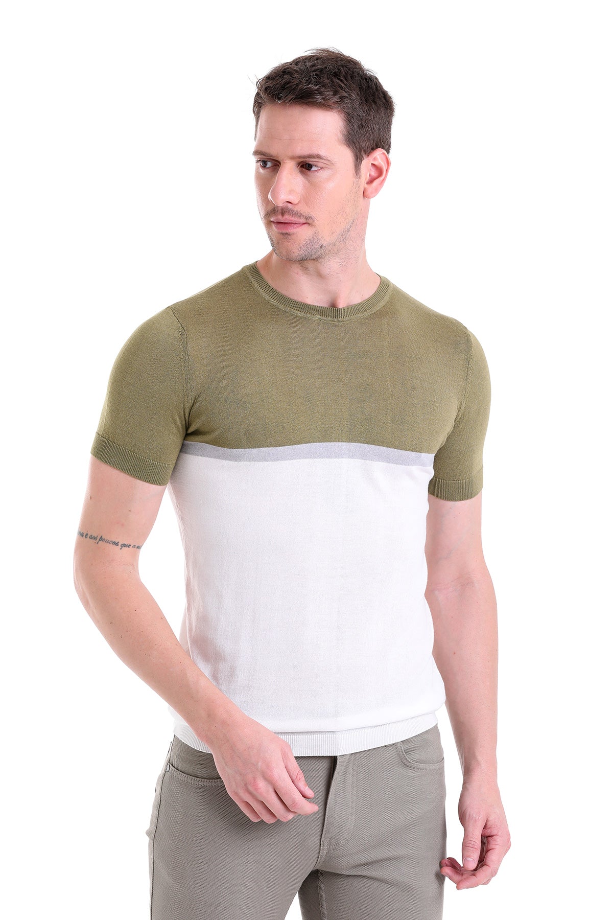 Olive green and white color-block short-sleeve knit t-shirt with ribbed crew neck and cuffs.