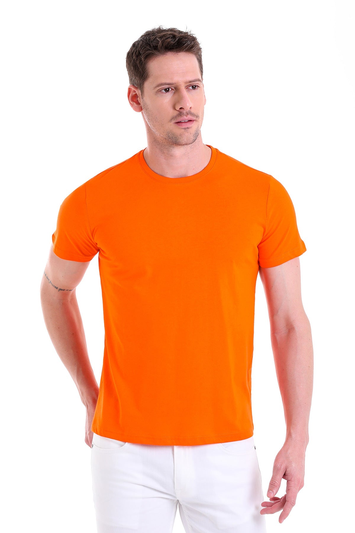 Regular Fit Orange Cotton Crew Neck T-Shirt - SAYKI