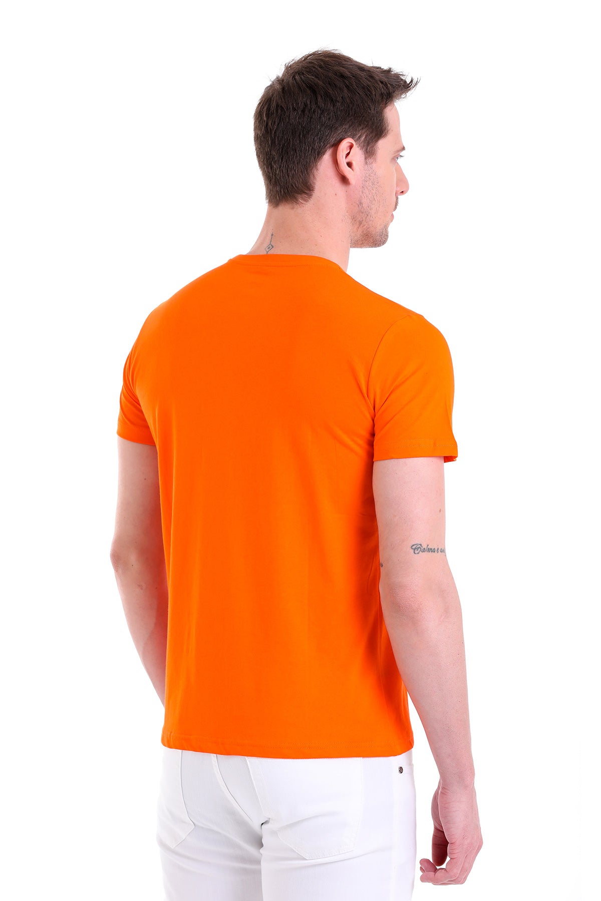 Regular Fit Orange Cotton Crew Neck T-Shirt - SAYKI