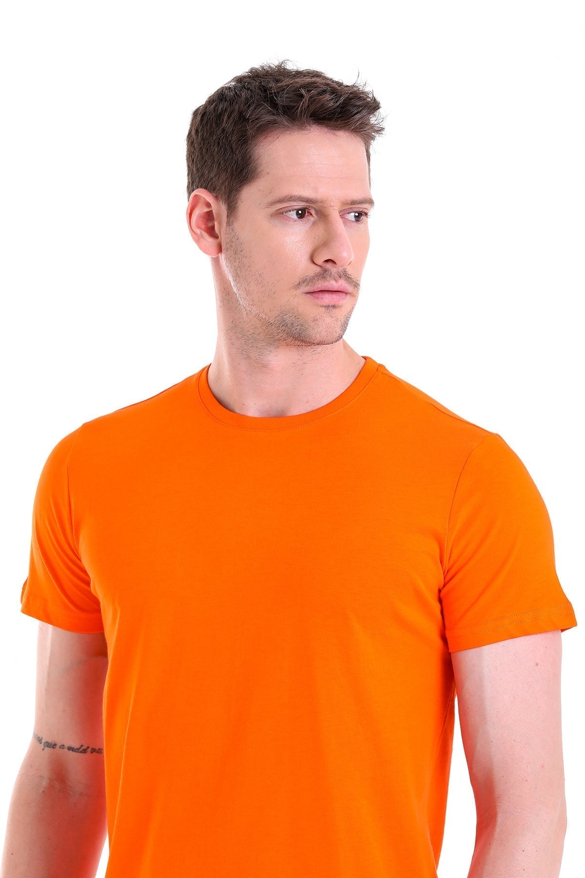 Regular Fit Orange Cotton Crew Neck T-Shirt - SAYKI