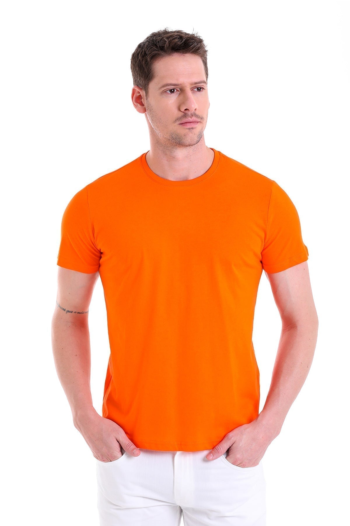 Regular Fit Orange Cotton Crew Neck T-Shirt - SAYKI
