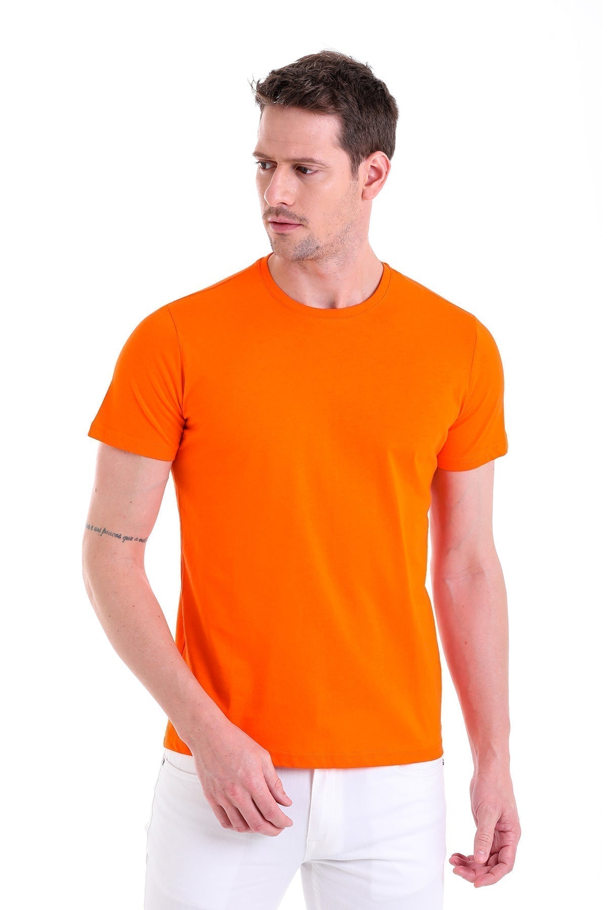 Regular Fit Orange Cotton Crew Neck T-Shirt - SAYKI