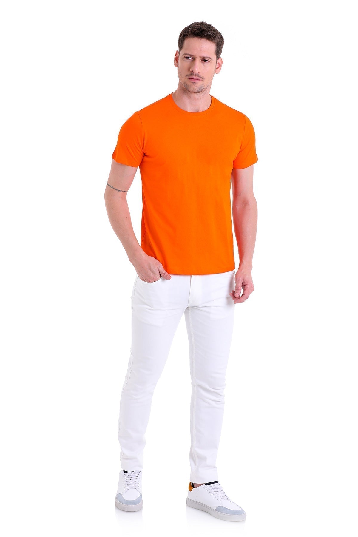 Regular Fit Orange Cotton Crew Neck T-Shirt - SAYKI