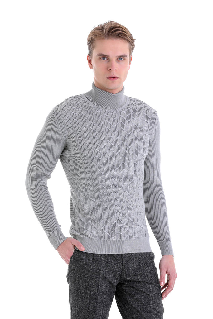 Regular Fit Patterned Cotton Black Turtleneck Sweater - MIB