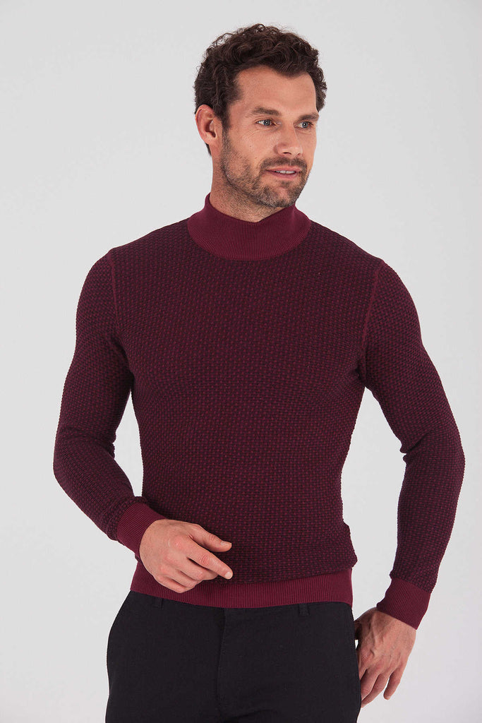 Regular Fit Patterned Cotton Blend Brick Mock Neck Sweater -