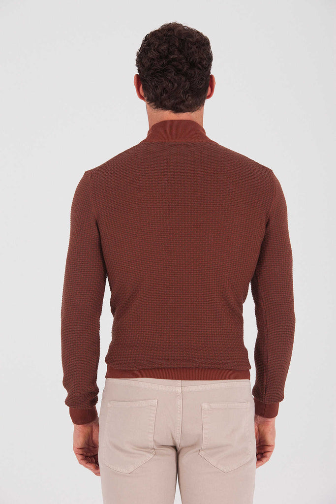 Regular Fit Patterned Cotton Blend Brick Mock Neck Sweater -