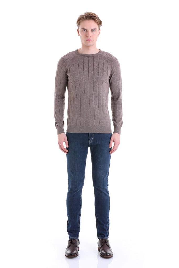 Regular Fit Patterned Cotton Blend Burgundy Crewneck Sweater