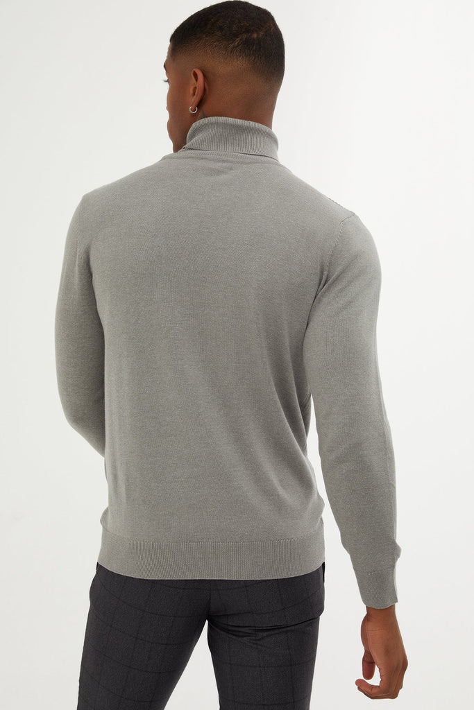 Regular Fit Patterned Cotton Blend Khaki Turtleneck Sweater