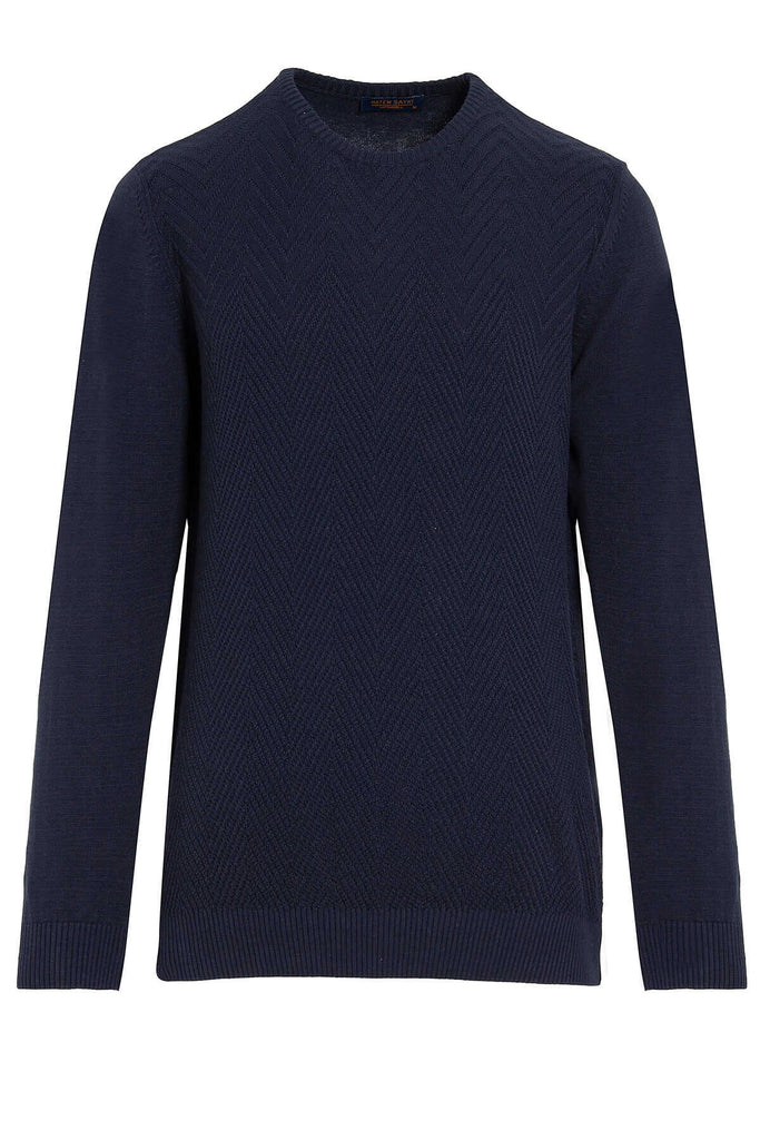 Regular Fit Patterned Cotton Blend Navy Crewneck Sweater