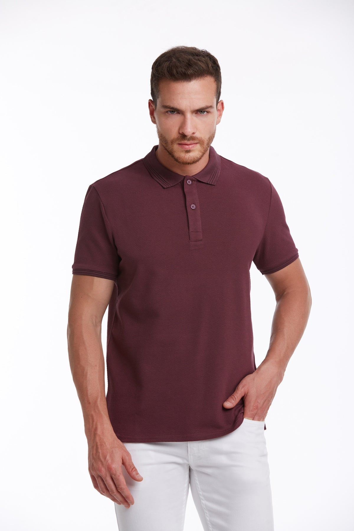 Regular Fit Patterned Cotton Blend Plum Polo T-Shirt - MIB