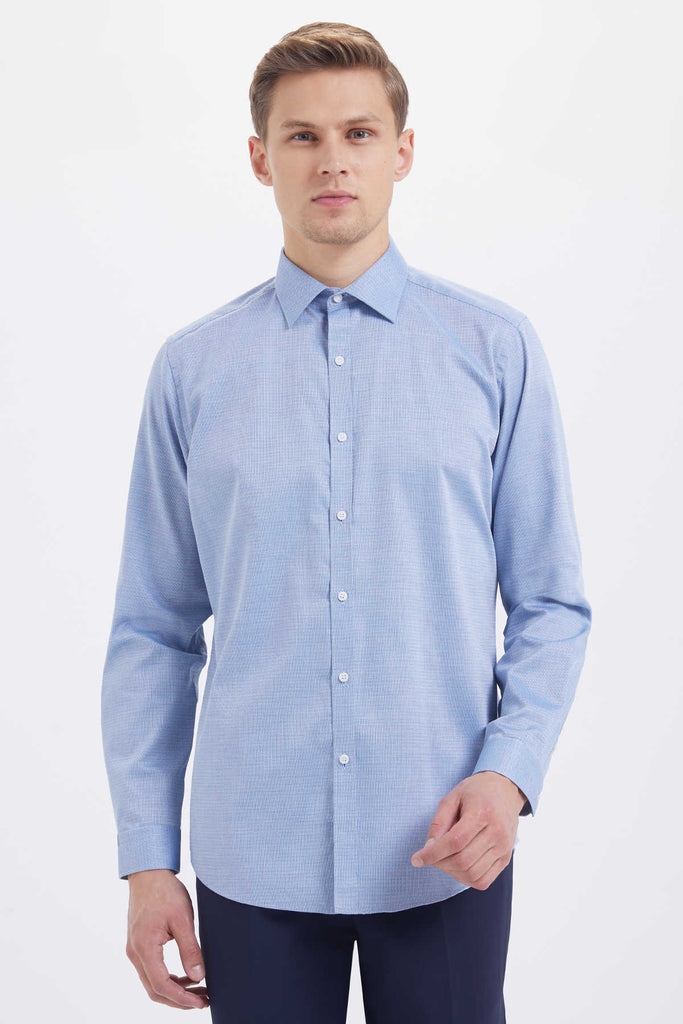 Regular Fit Patterned Cotton Blue Dress Shirt - Casual Shirt