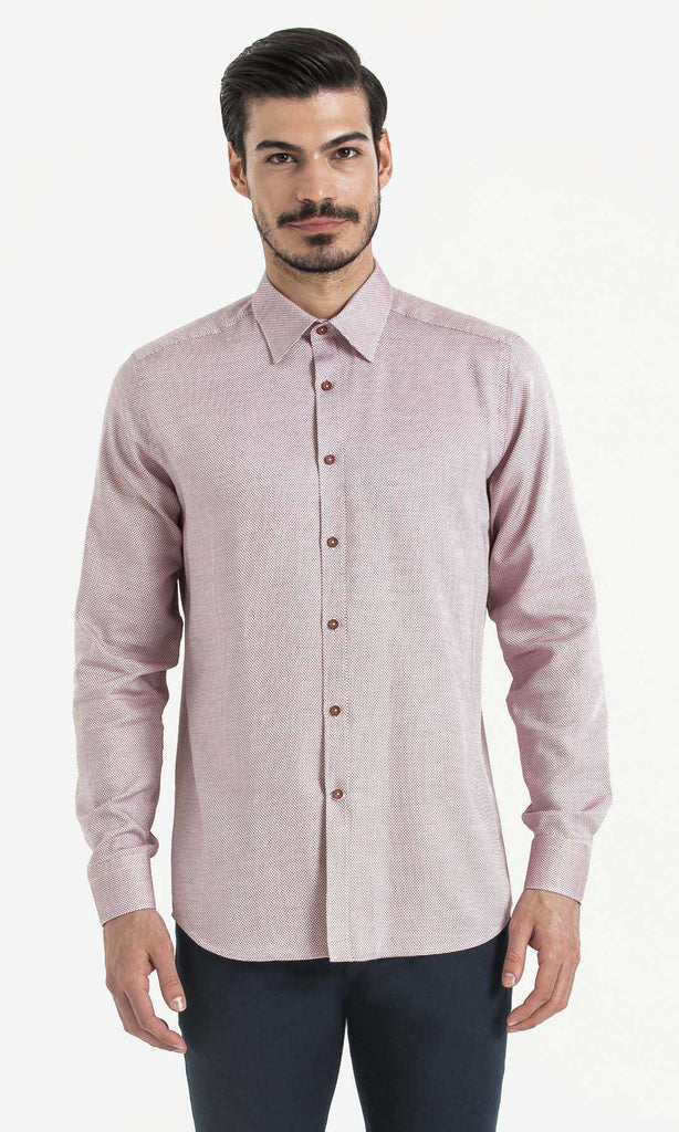 Regular Fit Patterned Cotton Burgundy Dress Shirt - MIB