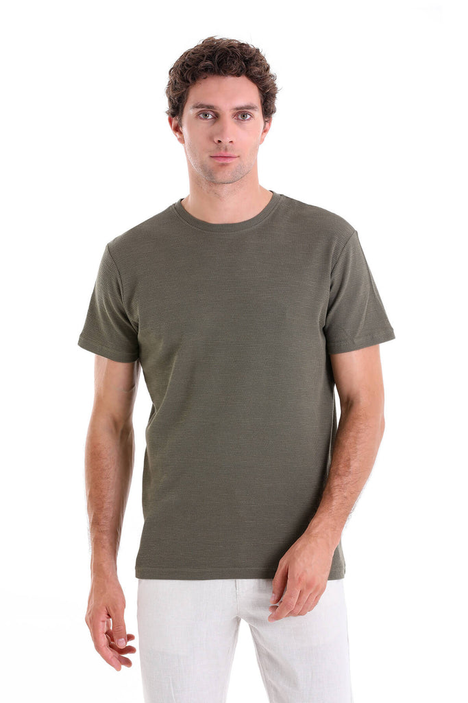 Regular Fit Patterned Cotton Khaki Crew Neck T-Shirt - MIB