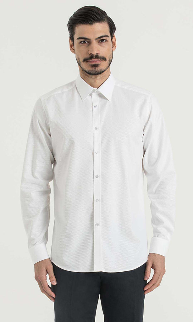 Regular Fit Patterned Cotton White Dress Shirt - MIB