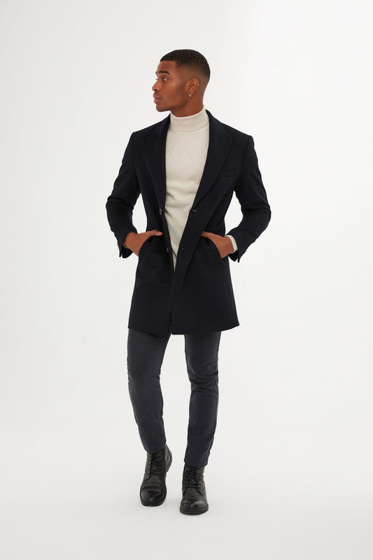 A sleek black tailored coat with a classic double-breasted design and notched lapels.