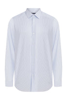A crisp white button-down shirt with a subtle blue and gray checkered pattern, featuring long sleeves and a classic collar.